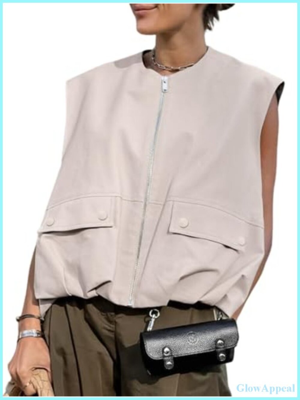 Women's Zip Up Cargo Vest Ruched Hem Lightweight Sleeveless Oversized Jacket